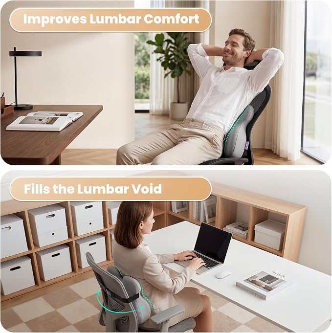 ZZ-WELL Lumbar Support Pillow for Office Chair - Ergonomic Back Support Cushion for Mid Lower Back Pain Relief, Posture Improved - Adjustable Straps, Breathable & Removable Cover (Grey)