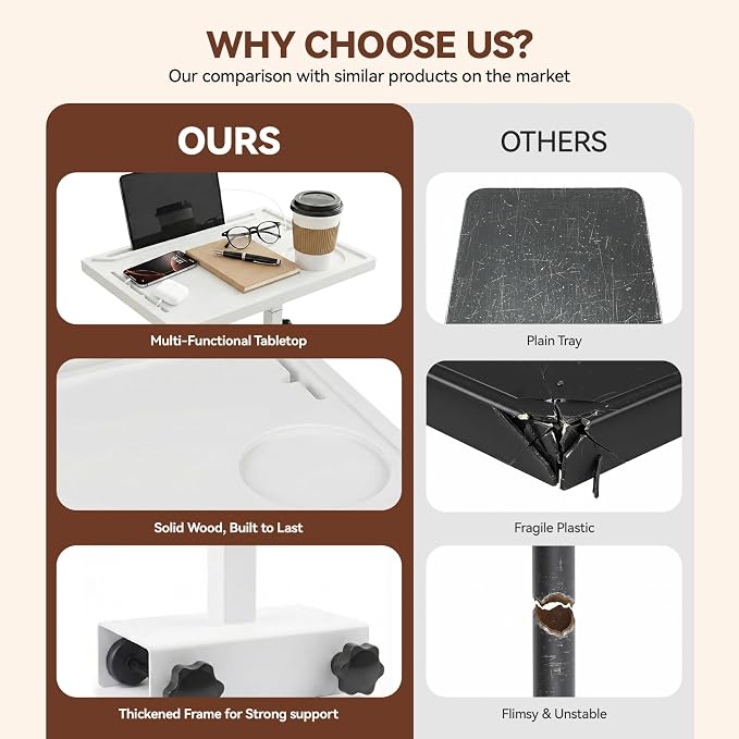 Bedside Shelf Rotating Foldable Tray:Height-Adjustable Clip On Bed Side Tray Table, Tray Table with Sturdy Metal Pole,Fits Bed Frames 0.7"-2.7" Wide for Dorms, Apartments, Bedrooms,Dorm Essentials