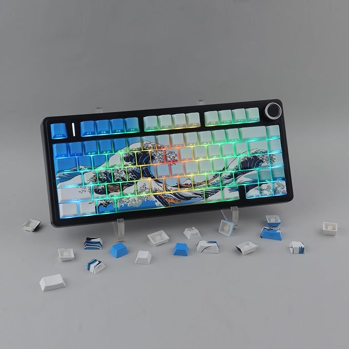 PBT Keycaps 75 Percent,Custom Cool Wave of Kanagawa Light/Sky Blue Keycaps | Tsungup Side Print 131 Keys Dye Sub Shine Through Cherry Profile Keyboard Key Caps for Mechanical Keyboard