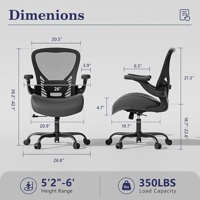 GYI Ergonomic Office Chair with Memory Foam Cushion, Big and Tall Office Chair, 4.7" Thickened Seat Heavy Duty Desk Chair with Technical Mesh Back, 3D Flip-up Arms, Wheels for Heavy People, Black
