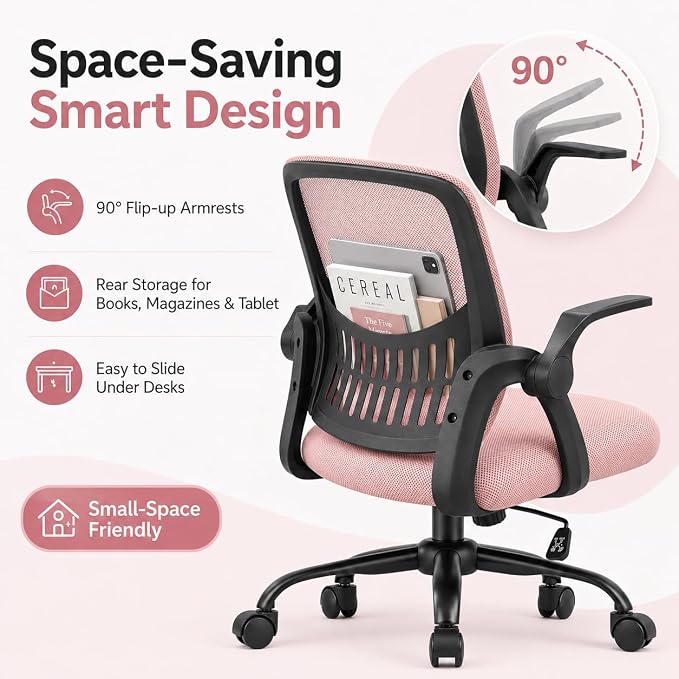 Ergonomic Office Chair, Home Office Desk Chair, Breathable Mesh Desk Chair with Adjustable Lumbar Support and Flip-up Armrests, Game Chairs, 360° Swivel Desk Chairs for Conference, Meeting Room(Pink)