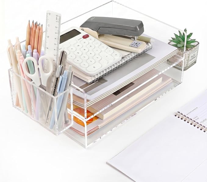 2 Pack Acrylic Paper Tray and Pen Holder Organizer for Desk Clear File Organizer,Acrylic Desk Organizers and Accessories Sorter,Perfect for File Paper, Ipad, Letter, A4 Office File, Books, Notes.