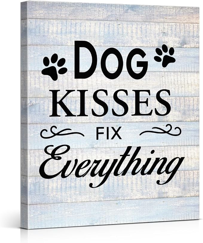 Funny Farmhouse Dog Canvas Wall Art Decor Dog Kisses Fix Everything Rustic Sign Painting Plaque Vintage Animal Pictures Print Home Decoration (8 X 10 Inches, Framed)