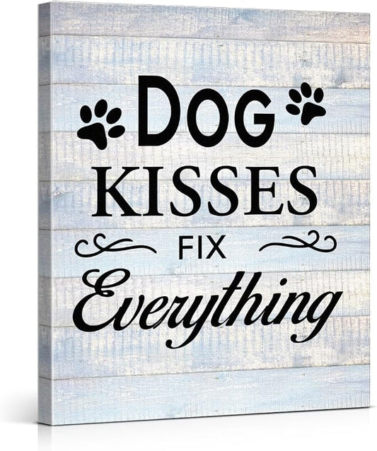 Funny Farmhouse Dog Canvas Wall Art Decor Dog Kisses Fix Everything Rustic Sign Painting Plaque Vintage Animal Pictures Print Home Decoration (8 X 10 Inches, Framed)