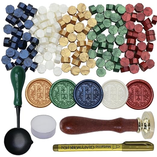 Initial Alphabet Wax Seal Stamp Kit, Retro Letter H Sealing Stamp with 150Pcs Sealing Wax Beads Spoon Pen Set for Wedding Invitations Cards Envelopes (H)