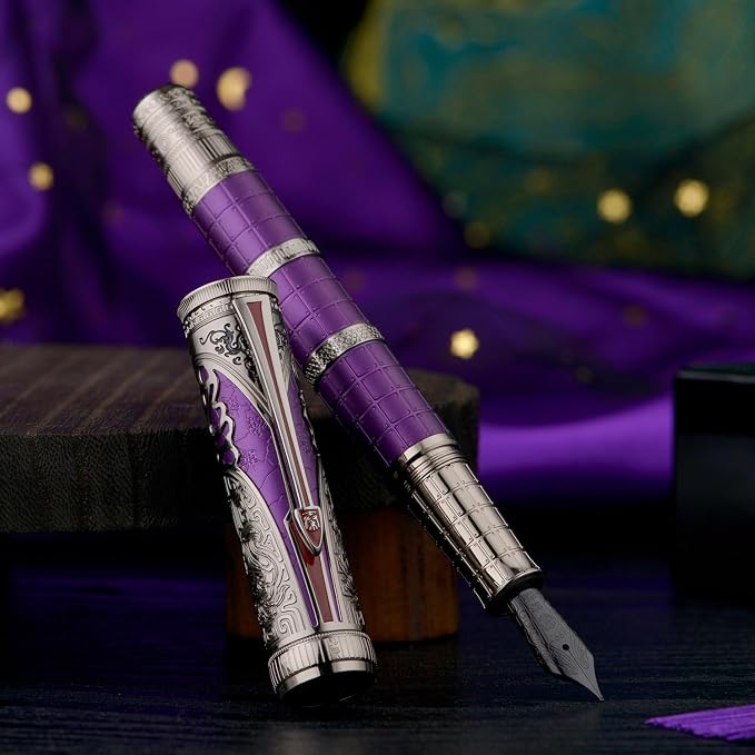 Hongdian D5X Fountain Pen Purple Color Extra Fine Nib, Qin Dynasty Retro Chinese Totem Engraving Smooth Writing Pen with Converter and Pen Box Set