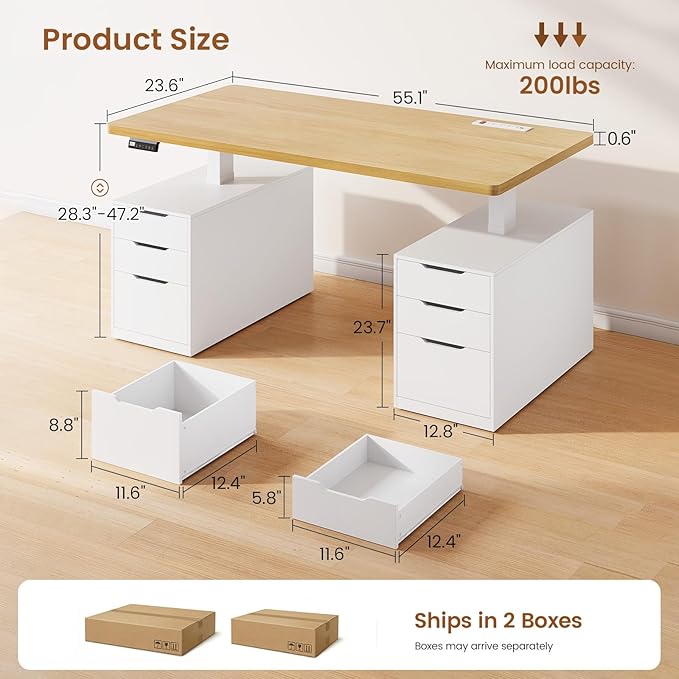 SEDETA 55" Electric Standing Desk with 6 Drawers, Adjustable Stand up Desk with Storage, Computer Desks with Power Outlets for Home Office, White + Oak