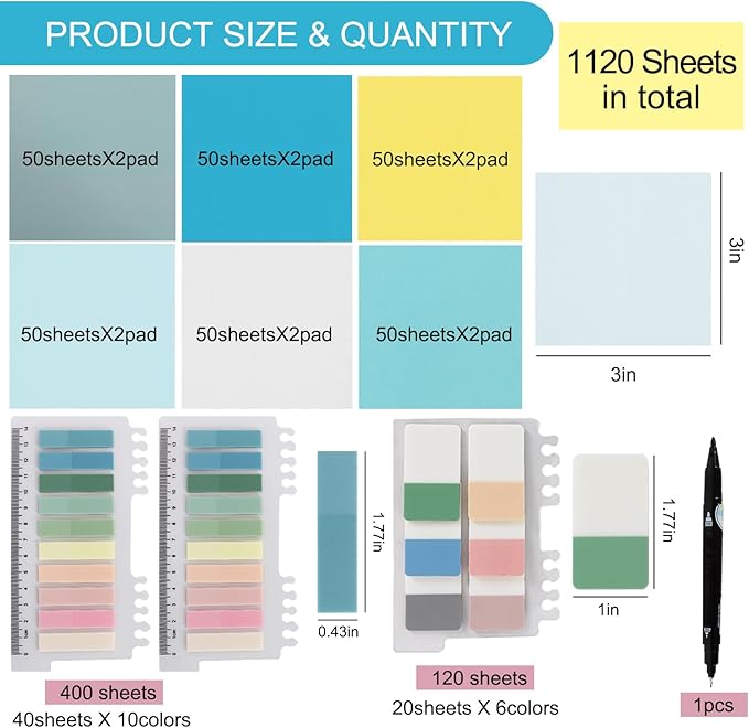 Vuzvuv 1120 Sheets Transparent Clear Sticky Notes with Pen,3x3 Inch Bulk Translucent Sticky Notes Set for Bible Tabs, Book Tabs, Office School Supplies(Blue Yellow)