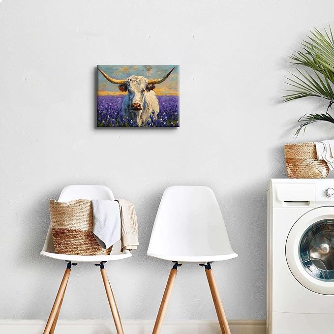 Purple Lavender Wall Art Highland Cow Wall Decor Abstract Nature Texas Longhorn Cow Canvas Picture for Kitchen Living Room Watercolor Sunset Meadow Scenery Poster Western Artwork Decoration 12x16”