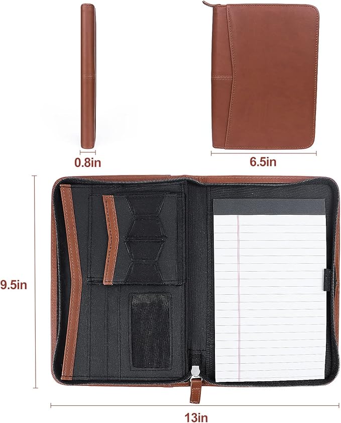 Padfolio/Portfolio, Leather Zippered Padfolio Portfolio Binder 5 x 8 Legal Writing Pad, Professional Business Portfolio for Men & Women, Card Holder, Notepad Clipboard Holder (Brown-9.5 * 6.5)