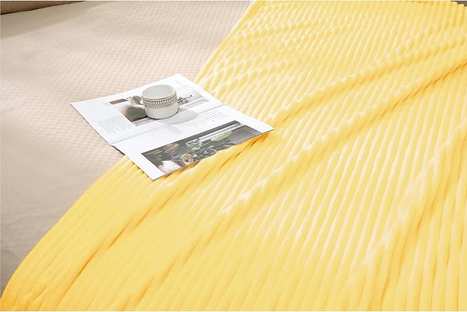 Vessia Flannel Fleece Twin Blanket for Couch,Sofa,Bed, 300GSM Striped 60x80 inch Light Yellow Blanket for Adults and Kids, Super Soft Warm Cozy Lightweight Ribbed Pale Yellow Decor for All-Season