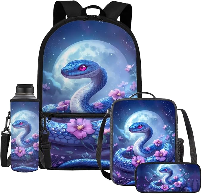 WELLFLYHOM Snake Kids School Backpack Elementary Book Bag for Girls Back Pack with Lunch Bag Pencil Case Water Bottle Cover Moon Flower Kids Daycare Bag Gift for Back to School Season
