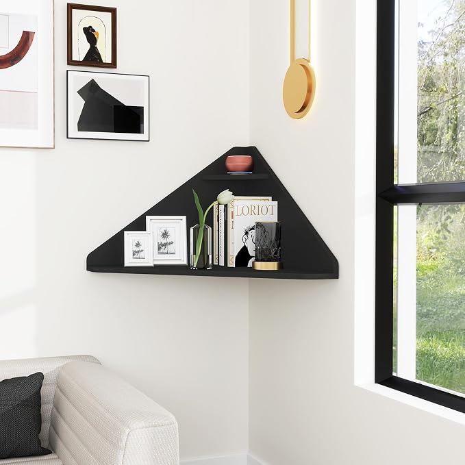 GOFLAME Floating Corner Desk, Wall Mounted Triangular Computer Desk w/Storage Shelf, Space-Saving Design, 90° Wooden Floating Home Office Desk for Writing, Working, Studying (Black)