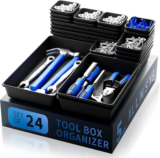 Tool Box Organizer Tray, 24 PCS & 5 Sizes, Black | Premium ABS Plastic, Interlocking Modular Design, Versatile Used Organizer for Storing Tools Wrench Screwdrivers Hammer Nails
