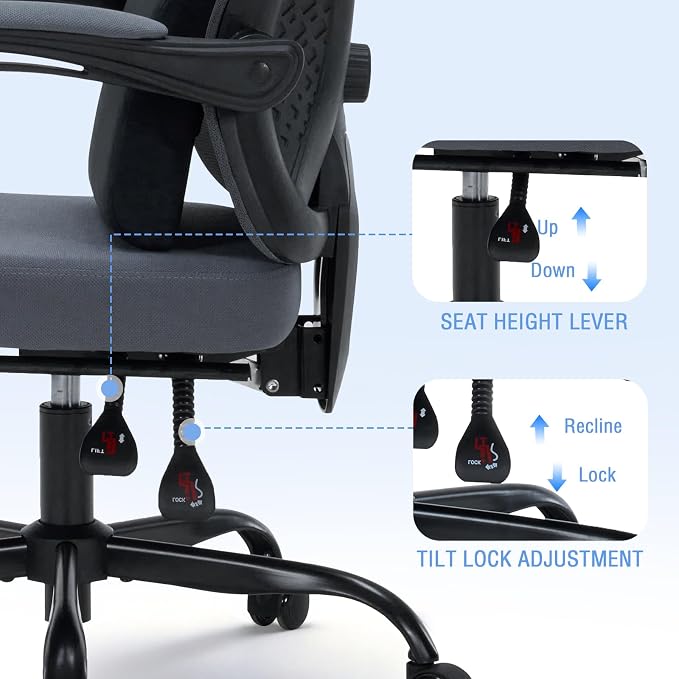 Ergonomic Office Desk Chair with Foot Rest - Adjustable Lumbar Support & Headrest, 90-160° Reclining Mesh Back Computer Chair - Home Office/Gaming for Adults, 400lbs Capacity (Gray)
