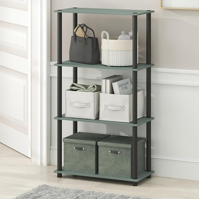 Furinno Turn-N-Tube Storage Shelves, 4-Tier Toolless Book Shelf, Corner Shelf, Open Shelves, for Organization and Storage, Living Room, Garage, Home Office, Sage Green
