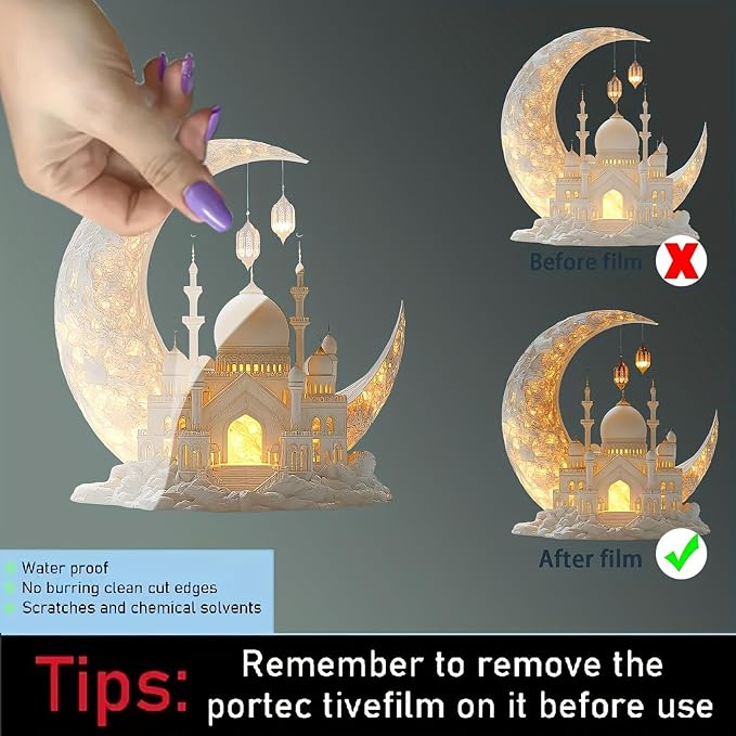 Ramadan Decorations for Home, Ramadan Gifts for Kids, Table Decor, Acrylic Desktop 2D Spray Painted Acrylic Crescent and White Palace Design (F)