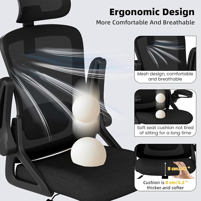 Ergonomic Office Chair Desk Chair with Adjustable Lumbar Support | Mesh Computer Chair Home Office Desk Chair with Flip-up Armrests Executive Task Chair Comfy Mesh Gaming Chair (Black-Black)