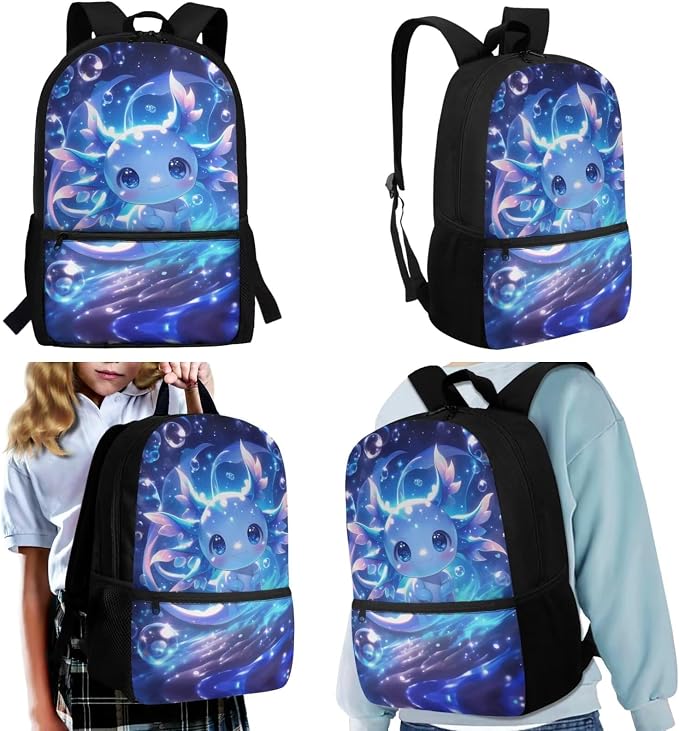 WELLFLYHOM Cute 17 Inch Axolotl Elementary School Backpack for Girls 6-11, Blue 4 PCS Backpack with Lunch Box, Kids Back to School Supplies, Mochilas Para Niñas