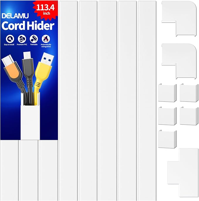 Delamu Cord Covers for Wires on Wall, 113.4in TV Cord Hider, Self-adhesive Cable Hider Cable Cover Raceway, Paintable Wire Hider Wire Covers for Cords, Hide Cords Wall Mounted Tv, W0.95×H0.55in, White