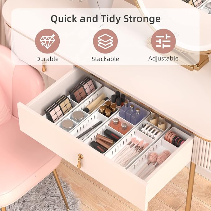 6 PCS Desk Drawer Organizer, Bathroom Drawer Organizer Trays | 12 pcs Dividers Adjustable, 24 Non-Slip Feet, Makeup Organizer Bins for Vanity Clothes Junk Kitchen Utensil, Plastic, White
