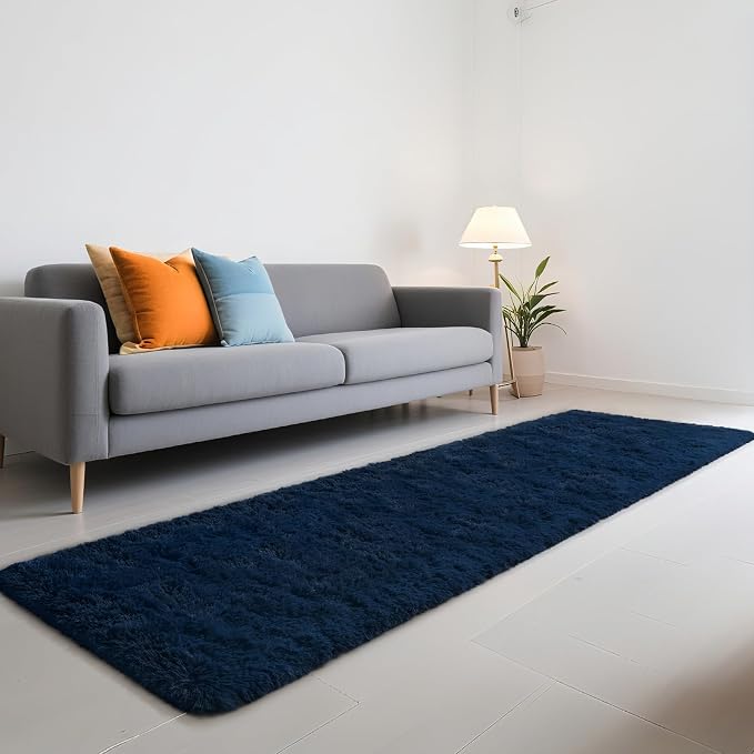 HOMORE 2x8 Runner Rugs for Bedroom, Navy Blue Ruuner Rug for Hallway Entryway Laundry, Modern Shag Bedroom Runner Cute Carpets for Kids Dorm Bedside