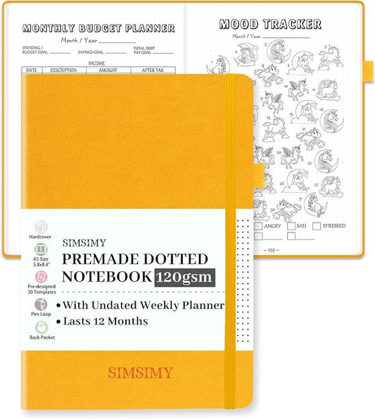 Premade Bullet Dotted Journal Notebook, Pre-made Dot Grid Journaling with Undated Weekly & Monthly Planner, Various Trackers, Lasts 1 Year, A5
