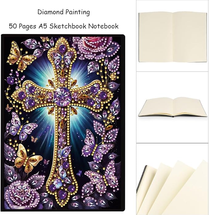 FRANDEK A5 50-Page DIY Diamond Art Painting Notebook with Beautiful Patterns, Purple Cross Special Shaped Diamond Art Craft for Beginners Creative Gift for adults June Back To School