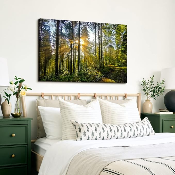 Large Forest Landscape Wall Art for Living Room Nature Sunrise Picture Wall Decor Mountain Trees Scenery Canvas Painting Photo Modern Poster Framed Artwork Bedroom Office Home Decorations 32x48”