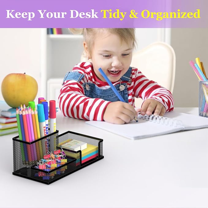 SUPEASY Pen Holder Desk Organizer, Office Supplies Pencil Holder with 3 Compartments, Desk Accessories and Workspace Organizers for Home School Classroom, Black