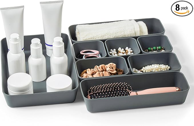 ISSEVE 8Pcs Silicone Drawer Organizer Trays for Bathroom, 4 Sizes, Black | For Vanity, Desk, Nightstand, Makeup, Jewelry, Toiletries, and Office Small Items, Nesting Organizer Trays, Drawer Organizer