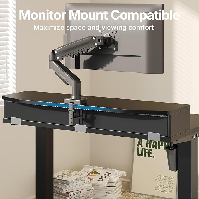 HUANUO 32 x 21 inch Small Electric Standing Desk with 2 Drawers, C-Clamp Mount Compatible, Height Adjustable Sit Stand Desk, Home Office Stand Up Desk with 4 Memory Height Settings, Black