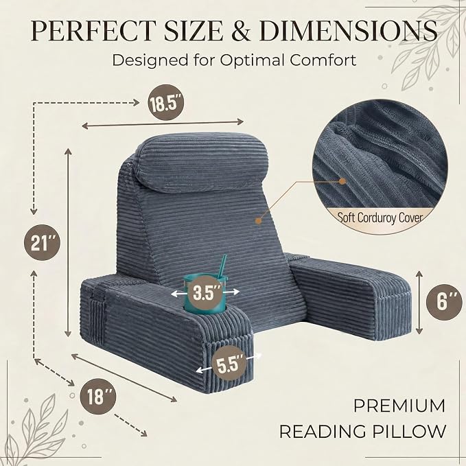 Reading Pillow for Adults, Back Pillow for Bed Sitting Up, Backrest Pillow for Sitting in Bed, Detachable Arms with Built-in Cup & Phone Caddy (Dark Gray-Corduroy, 21 INCH)
