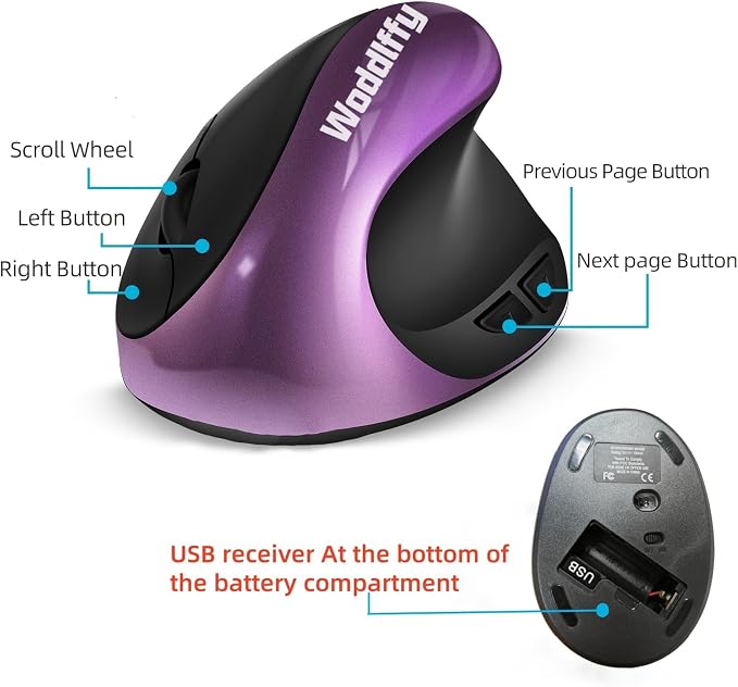 Ergonomic Mouse Wireless,Vertical Mouse with Silent Click Right Handed Small Mouses with 6 Buttons 1000/1200/1600 for Laptop,Desktop,PC, MacBook（Purple AA）