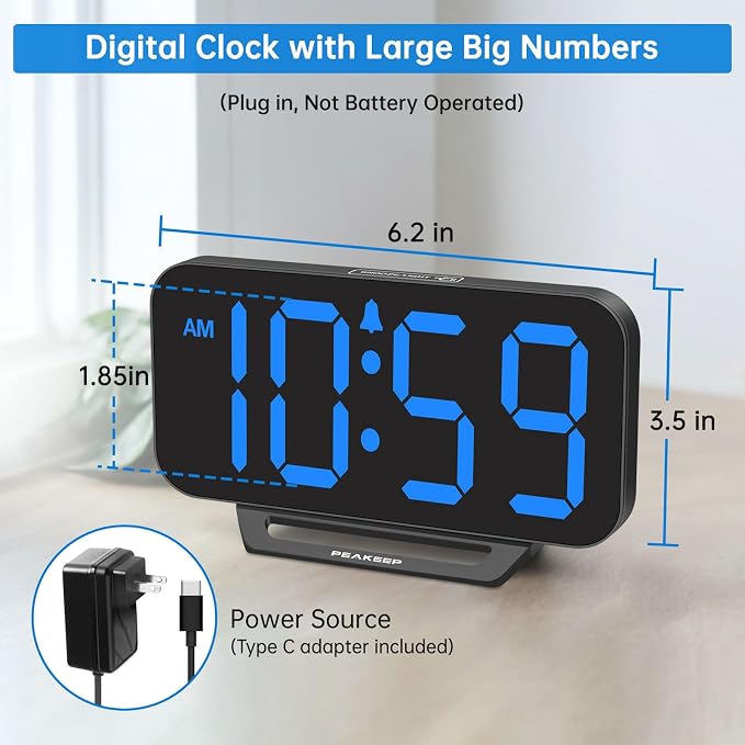 Peakeep Small Digital Alarm Clock for Bedrooms, Loud for Heavy Sleepers | Dimmable Plug in Electric Large Numbers Clock Battery Backup, Slim Clock for Table Office Modern Living Room (BB)
