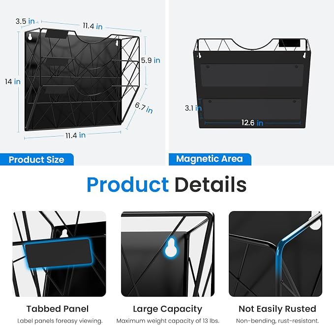 Patvingot Strong Magnetic File Holder, 3-Tier No-Drill Organizer | File cabinets, refrigerator sides and whiteboards; up to 8.8 lb; 3 tiers keep folders, mail and magazines visible and sorted