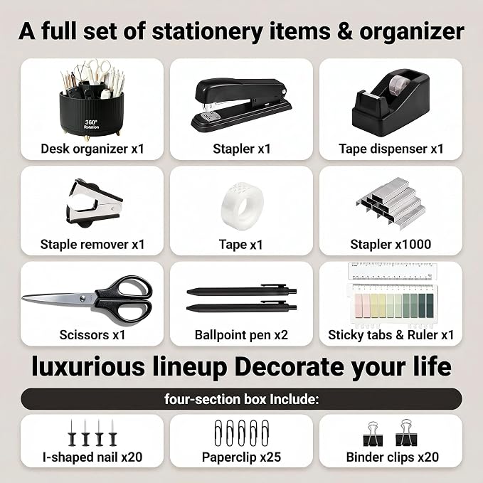 Office Supplies Rotating Pen Holder for Desk with Stapler Staple Remover, Tape Dispenser, Tape Refills, Binder Paper Clips Kit, Scissor,Pen, Ruler & Sticky Tabs,White Office School Supplies(Black)