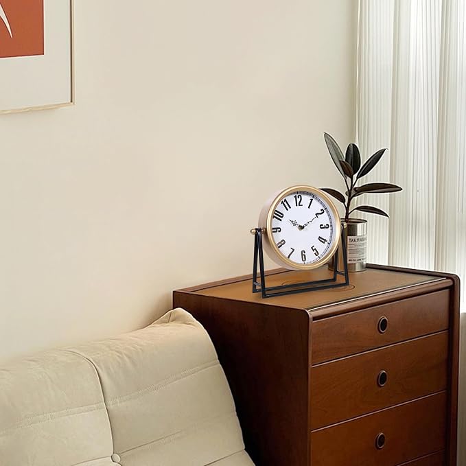 Silent Analog Desk Clock - Vintage Battery Operated Mantel | White Round Wooden, 10.4 Inch, Farmhouse Rustic Decor, Bedroom Living Room Office, No Tick Silent Gift