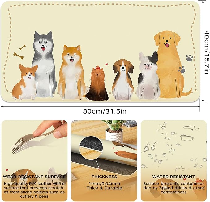 BLESWIN Cut Desk Mat 31.5" x 15.7", Waterproof Leather Desk Mat, Computer Mat for Keyboard or Mouse, Desk Mousepad Non-Slip Writing Pad Leather Blotter, Laptop Desk Pad (31.5" x 15.7", Puppies)