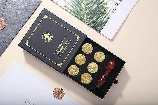 Wax Seal Stamp Gift Box Set, 6 Pcs Blessing Series Seals Copper, Wooden Hilt, Kit for Cards Envelopes, Gift Packaging
