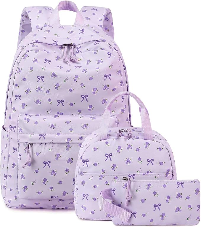 Bluboon Teen Girls School Backpack Kids Bookbag Set with Lunch Box Pencil Case Travel Laptop Backpack Casual Daypacks (Beige bow tie)
