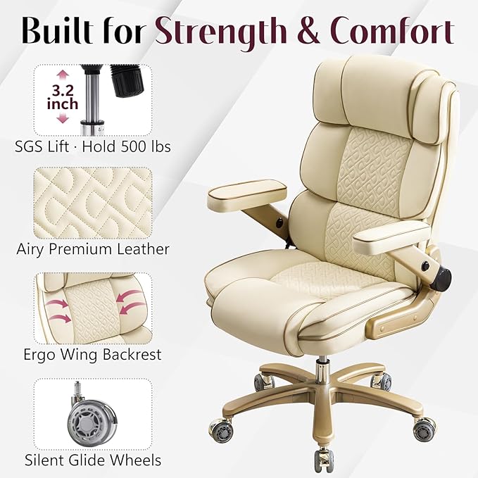 Big and Tall Office Chair 500lbs,5D Armrests Heavy Duty Executive Leather Chair with Comfortable Seat, Adjustable Lumbar, High Back, Large Computer Desk Chair for Home Office, Beige
