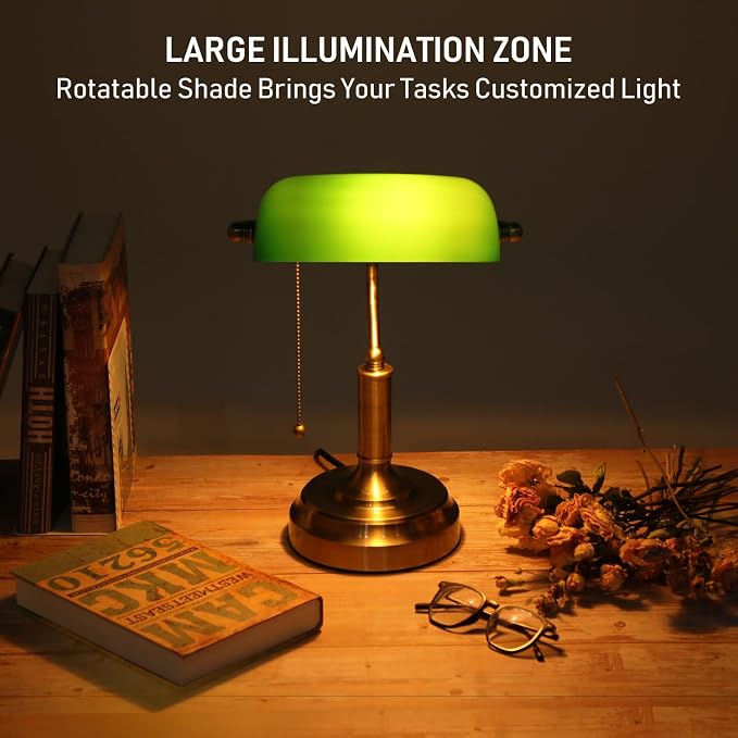 TORCHSTAR Green Glass Bankers Desk Lamp with Pull Chain, E26 Base | Brass Finish Base, Antique Traditional Library Lamp for Office Study Room, Bulbs not Included