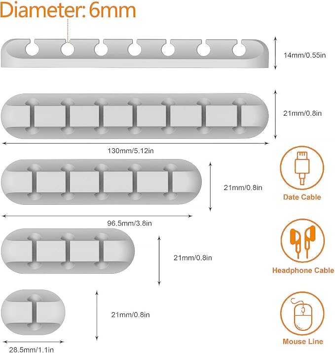 Desk Accessories for Charging Organizer - 5 Packs Grey Computer Desk Accessories and Adhesive Cord Organizer for Cable Holder Cleans Up Messy Wires at Home, Car and Office (7-5-3-1-1 Slots) | Self Adhesive, Office, Car, Grey Silicone Cord Keeper, Cable...