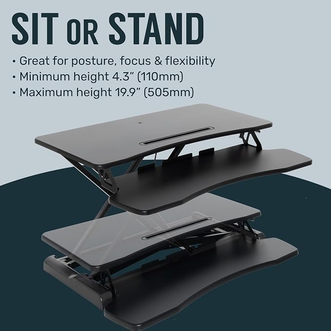 TechOrbits Standing Desk Converter-32-inch Height Adjustable, MDF Wood, Sit Riser-Black, 32"