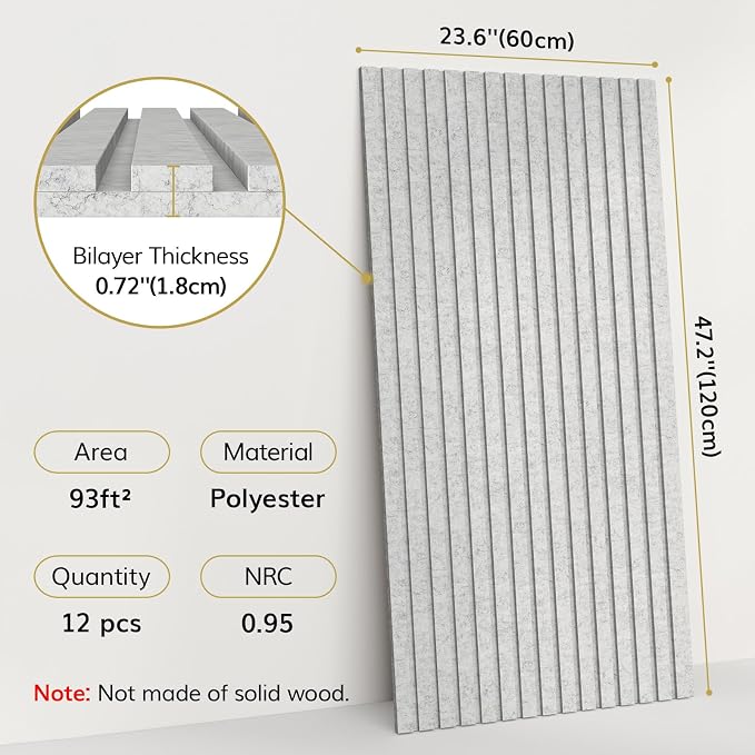 TONOR Dual-Layer Thickened Acoustic Wall Panels Self Adhesive, 12 Pack 47.2"x23.6"x0.72" High Density Large Sound Proof Panels for Walls, Peel and Stick Wall Panels for Interior Wall Décor, Grau