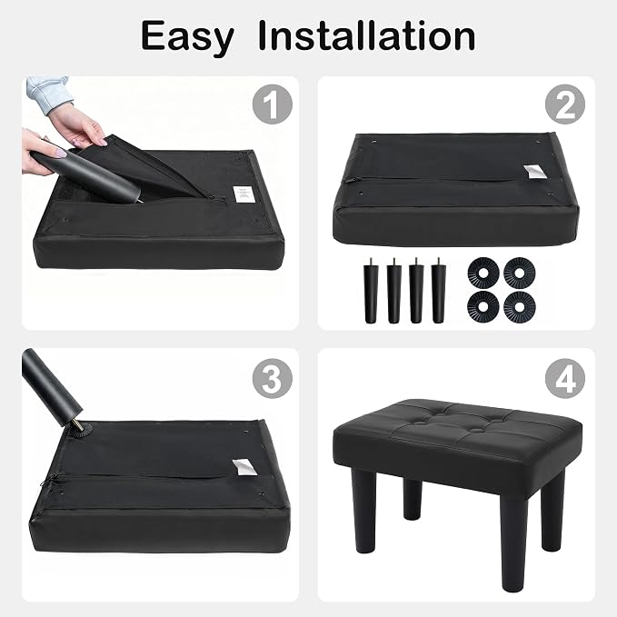 CAROLMADE Footstool Ottoman with Legs, PVC Small Foot Rest Under Desk, Ottoman with Storage for Living Room, Bedroom, Entryway Black