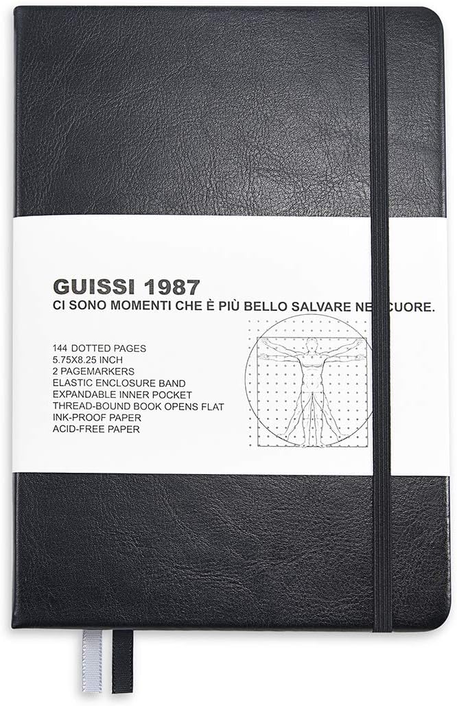 Guissi Classic Dotted Grid Bullet Notebook Journal Dot HardCover A5 Thick Acid-Free Paper with Inner Pocket Leather Office School Supplies 144 Pages