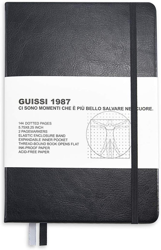 Guissi Classic Dotted Grid Bullet Notebook Journal Dot HardCover A5 Thick Acid-Free Paper with Inner Pocket Leather Office School Supplies 144 Pages