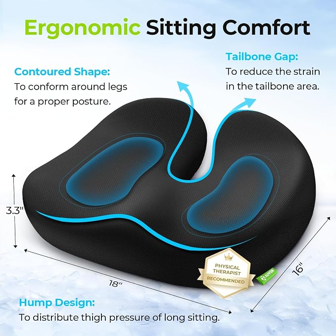 AUVON Multi-Layer Gel Seat Cushion for Ideal Support & Softness, Cooling Memory Foam Office Chair Cushion for Hemorrhoid, Sciatica & Tailbone Pain Relief, Anti-Slip Back Seat Pillow